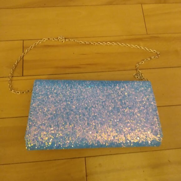 Glitter aqua evening bag envelop design. Use as a clutch or shoulder bag. - Picture 3 of 7